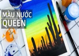 Vẽ tranh phong cảnh sa mạc đơn giản bằng nước | Màu Nước Queen | Easy Cactus Landscape Painting